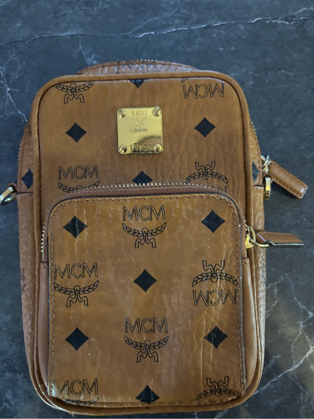 MCM Tan Logo Print Leather Bag with Gold Plate